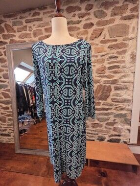 Laundry By Design Long Sleeve Geometric Midi Dress in Teal, White and Navy